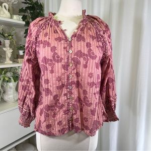 Cleobella Remmy Blouse In Pink Batik Puff Sleeve Ruffles